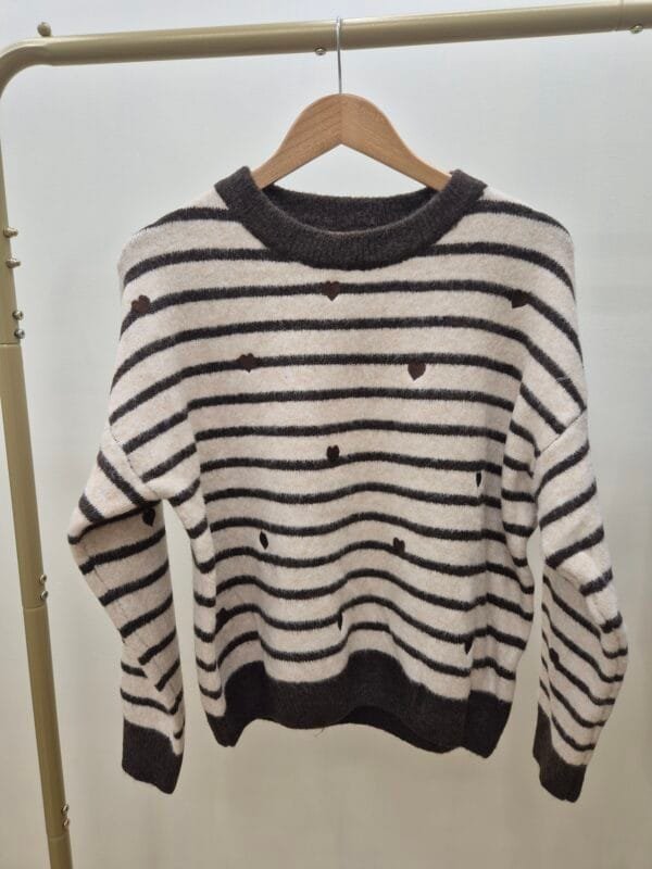 Women’s Beige and Brown Striped Knit Jumper with Hearts