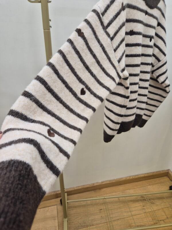 Women’s Beige and Brown Striped Knit Jumper with Hearts