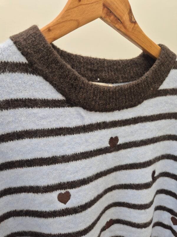 Women’s Light Blue and Brown Striped Knit Jumper with Hearts