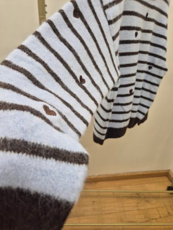 Women’s Light Blue and Brown Striped Knit Jumper with Hearts