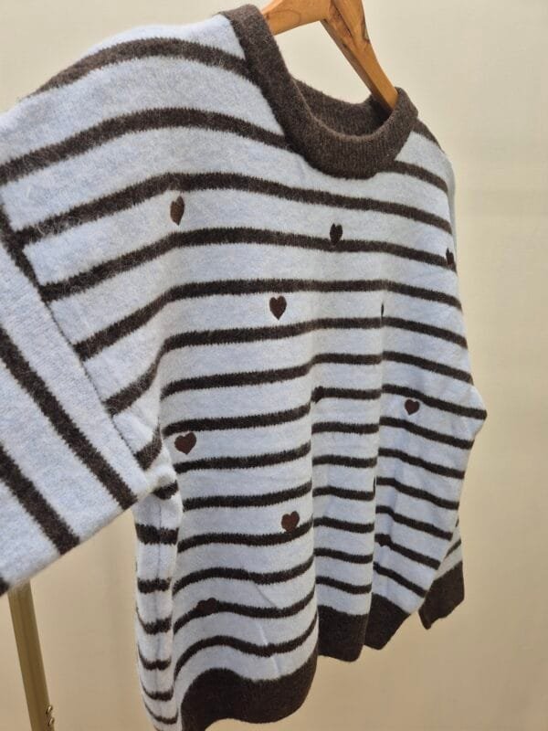 Women’s Light Blue and Brown Striped Knit Jumper with Hearts
