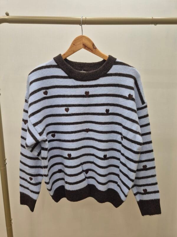 Women’s Light Blue and Brown Striped Knit Jumper with Hearts