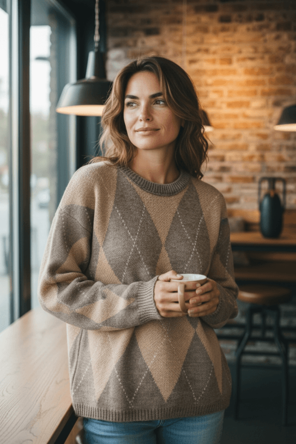 2026/01/1000389028.png Beige and Brown Diamond Relaxed Fit Argyle Knit Jumper