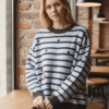 Women’s Light Blue and Brown Striped Knit Jumper with Hearts