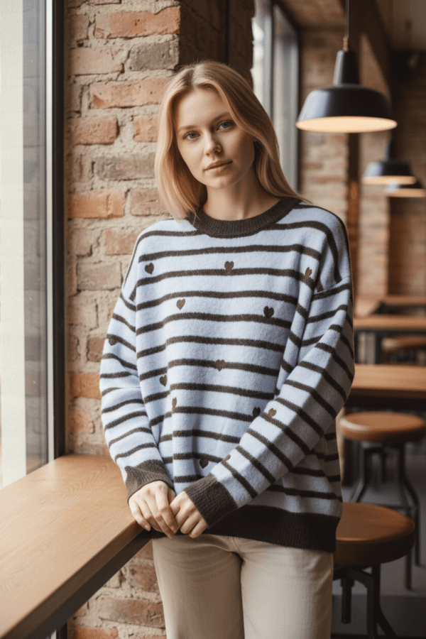 Women’s Light Blue and Brown Striped Knit Jumper with Hearts