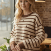 Women’s Beige and Brown Striped Knit Jumper with Hearts