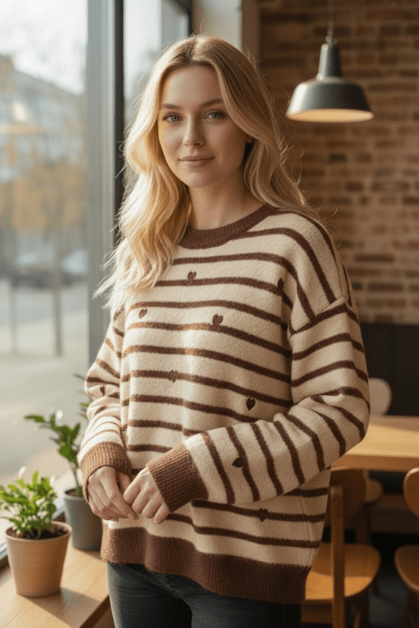 Women’s Beige and Brown Striped Knit Jumper with Hearts