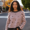 Women’s Light Pink and Brown Striped Knit Jumper with Hearts