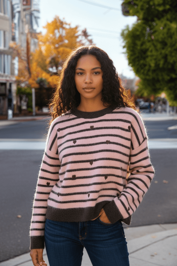 Women’s Light Pink and Brown Striped Knit Jumper with Hearts