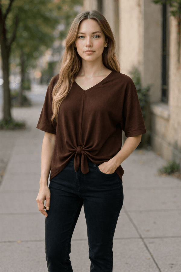 Brown Tie-up V-Neck Top
