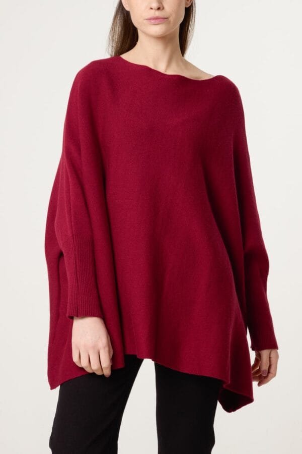Batwing Sleeve Ribbed Cuff Jumper In Wine
