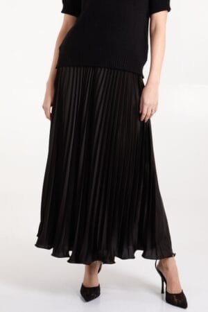 Black Satin Pleated Midi Skirt
