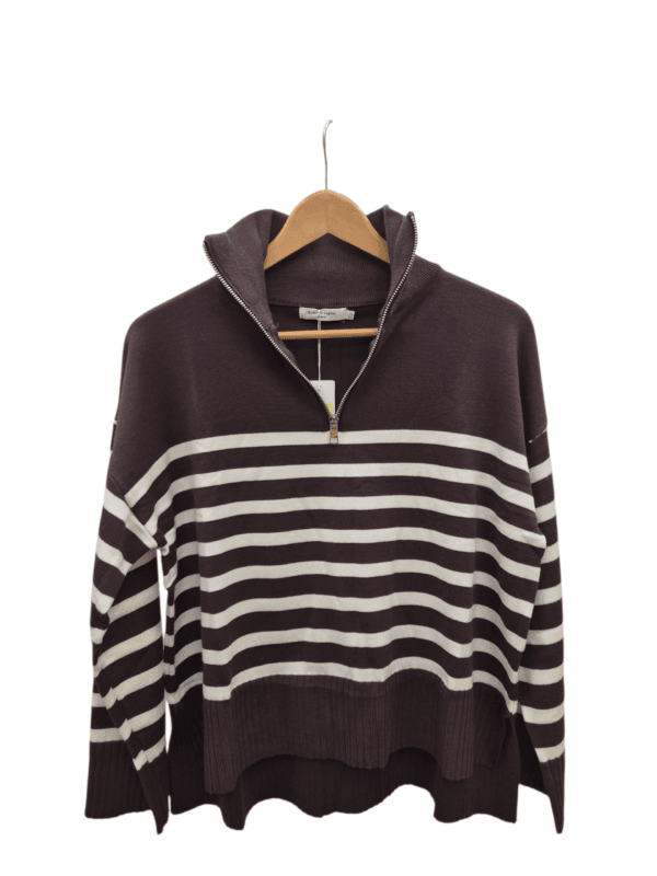 Women’s Brown and White Striped Quarter-Zip Jumper