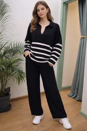 2026/01/1000390955.png Open Collar Striped Jumper & Trouser Knitted Set L/XL
