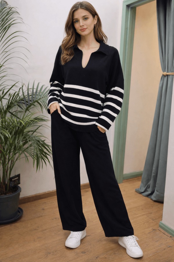 2026/01/1000390955.png Open Collar Striped Jumper & Trouser Knitted Set L/XL