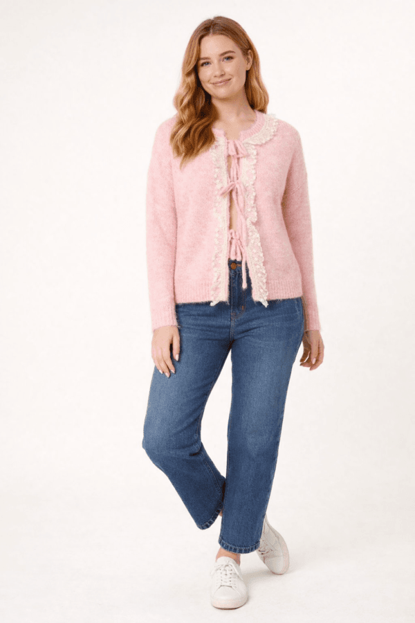 Pink Bow Cardigan With Lace