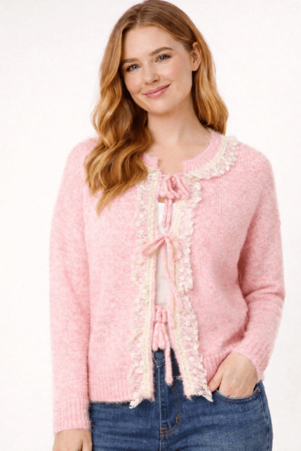 Pink Bow Cardigan With Lace