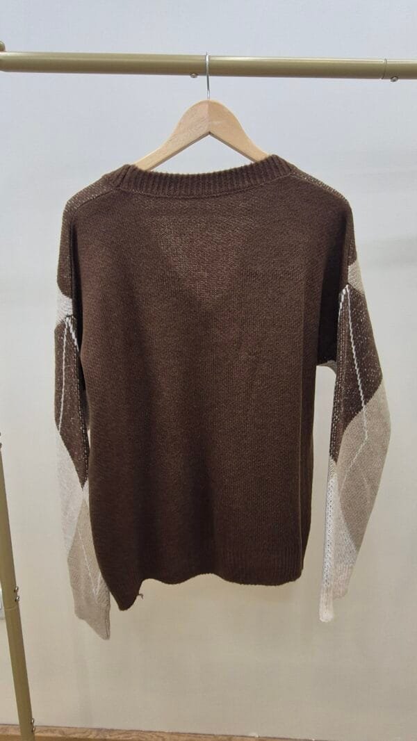 2026/01/1000392545-scaled.jpg Brown & Beige Argyle V-Knit Cardigan