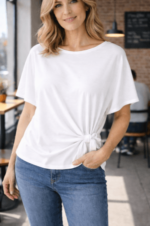 White Tie-Side Short Sleeve Jersey Top