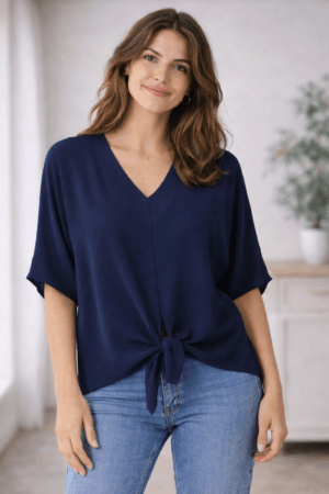 Navy V- Neck Front Tie Blouse