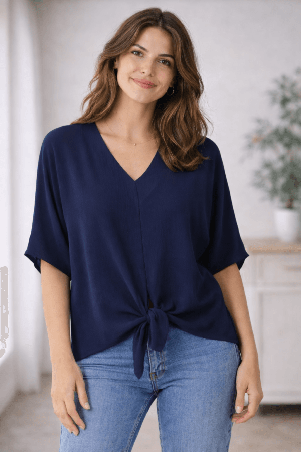 2026/01/1000392790.png Navy V- Neck Front Tie Blouse