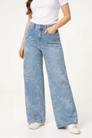Wide Leg Floral Print Jeans
