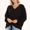 Black V-Neck Long Sleeve Blouse With Front Tie