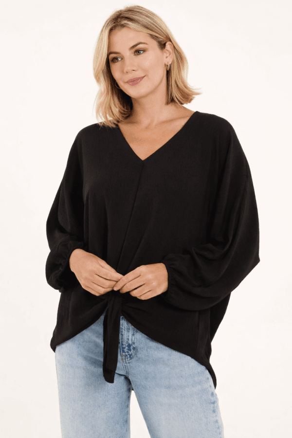 Black V-Neck Long Sleeve Blouse With Front Tie