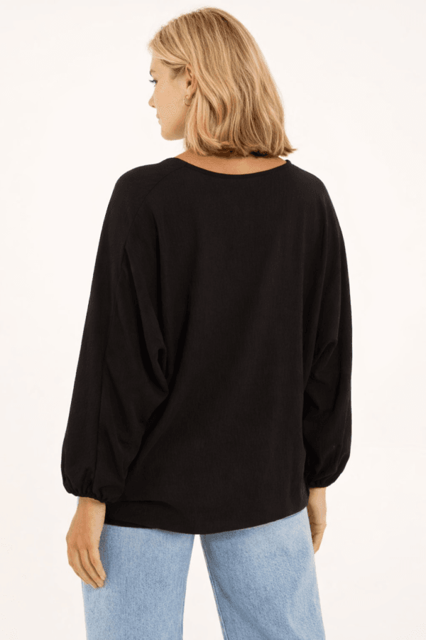 Black V-Neck Long Sleeve Blouse With Front Tie