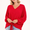 Red V-Neck Long Sleeve Blouse With Front Tie