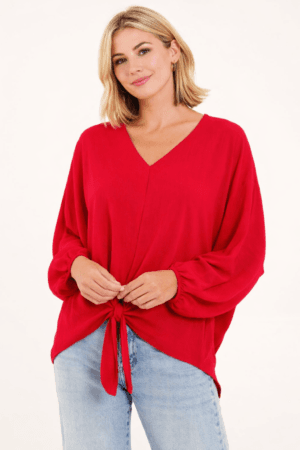 Red V-Neck Long Sleeve Blouse With Front Tie