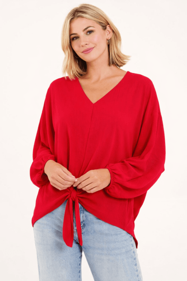 Red V-Neck Long Sleeve Blouse With Front Tie