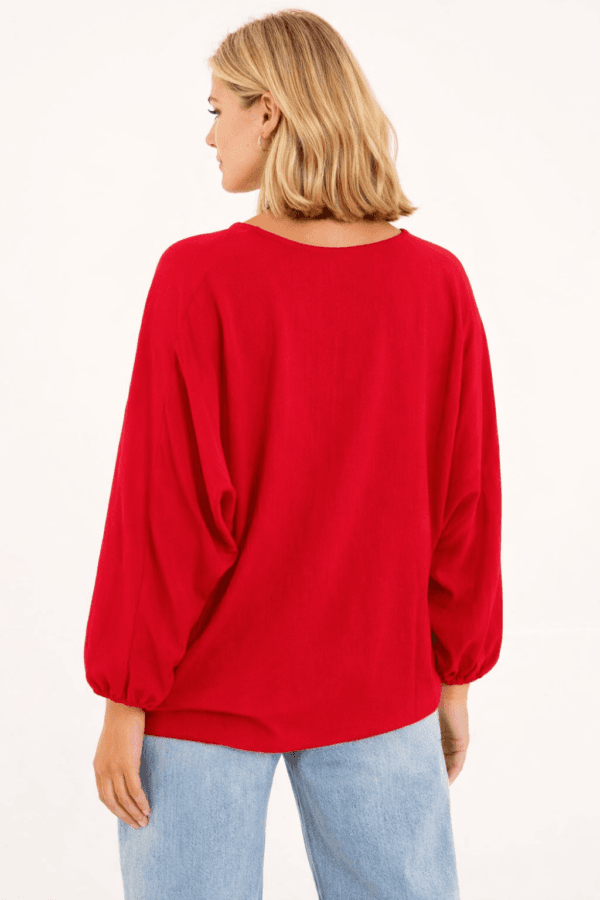 Red V-Neck Long Sleeve Blouse With Front Tie
