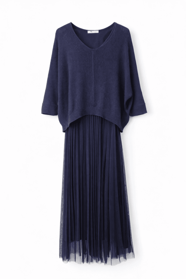 2026/01/1000394285.png Tulle Dress & Texture Batwing Jumper Set In Navy