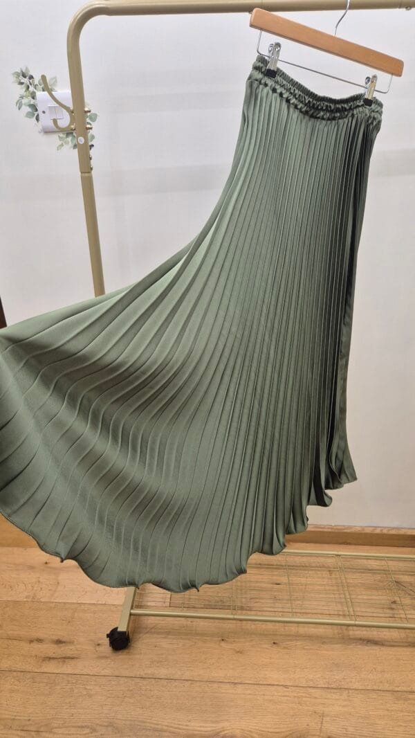 Green Satin Pleated Midi Skirt