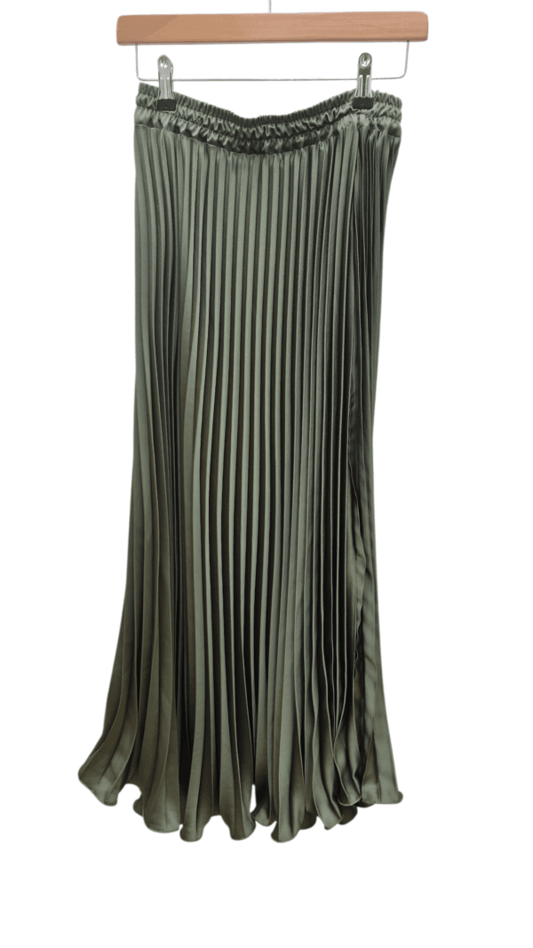 Green Satin Pleated Midi Skirt