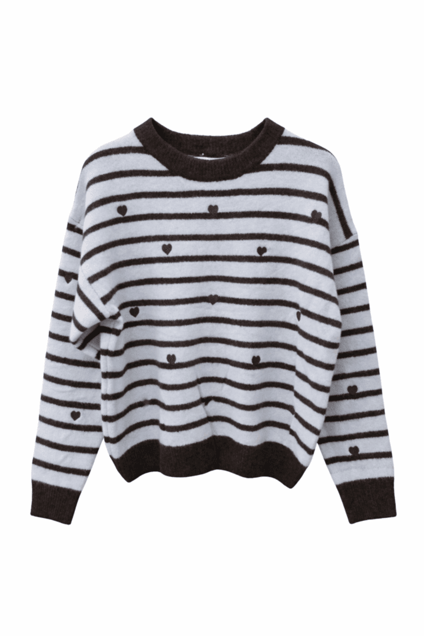 Women’s Light Blue and Brown Striped Knit Jumper with Hearts