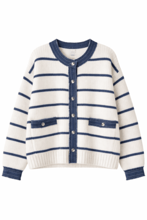 Denim Trim Striped Knit Cardigan