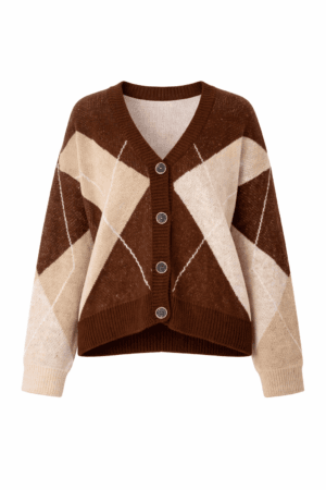 Brown & Beige Argyle V-Knit Cardigan