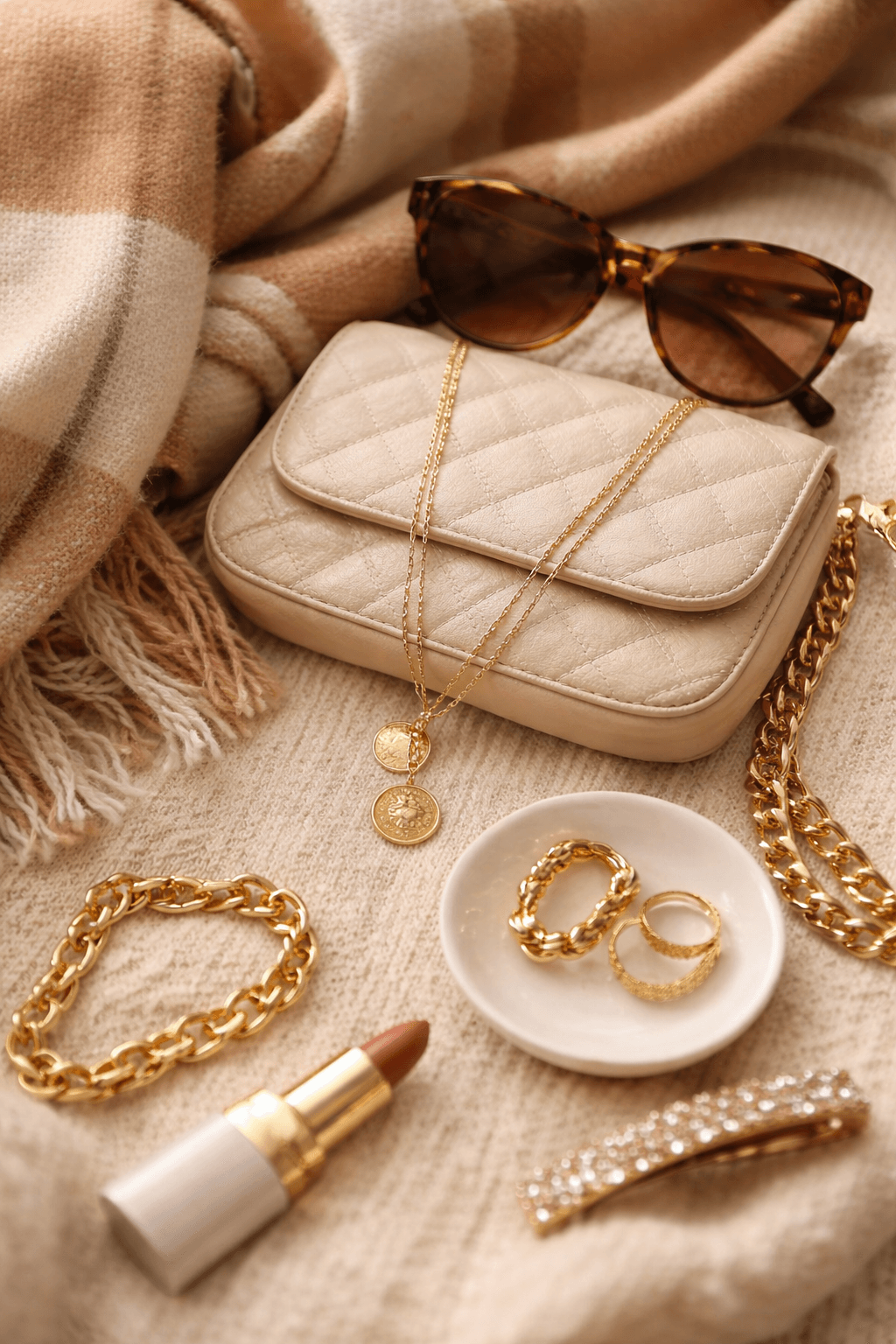 Yellow linen-cotton V neck pocket top worn by a casually dressed middle-aged woman