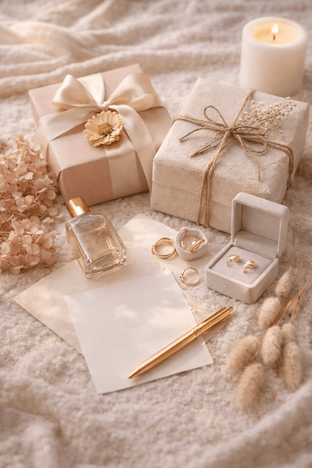 Three women standing in a spring garden wearing floral embroidered blouse with cream trousers, olive green sleeveless midi dress, and a sage green V-neck top with black trousers.
