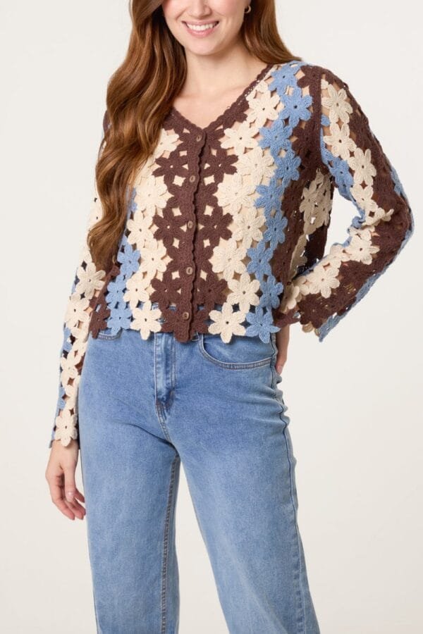 Blue & Mocha Crochet Flower Cardigan