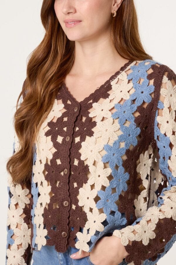 Blue & Mocha Crochet Flower Cardigan
