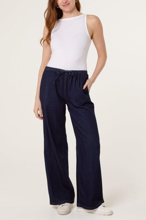 Drawstring Wide Leg Denim Trousers