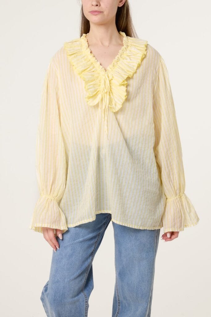 Pure Cotton Frill Striped Blouse