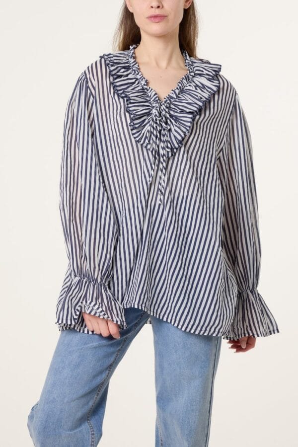 Pure Cotton Frill Striped Blouse