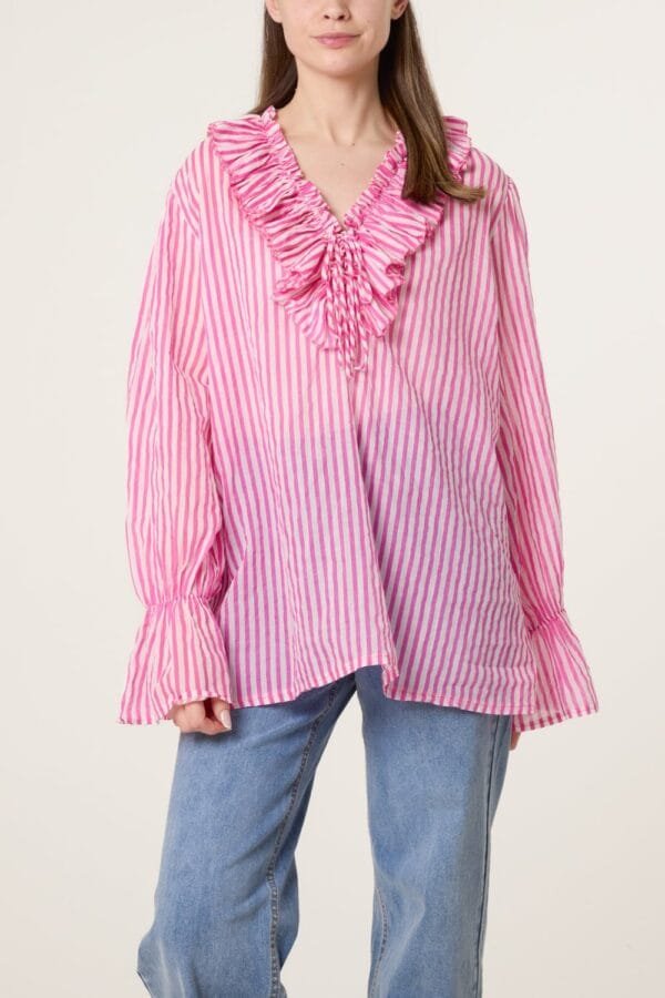 Pure Cotton Frill Striped Blouse