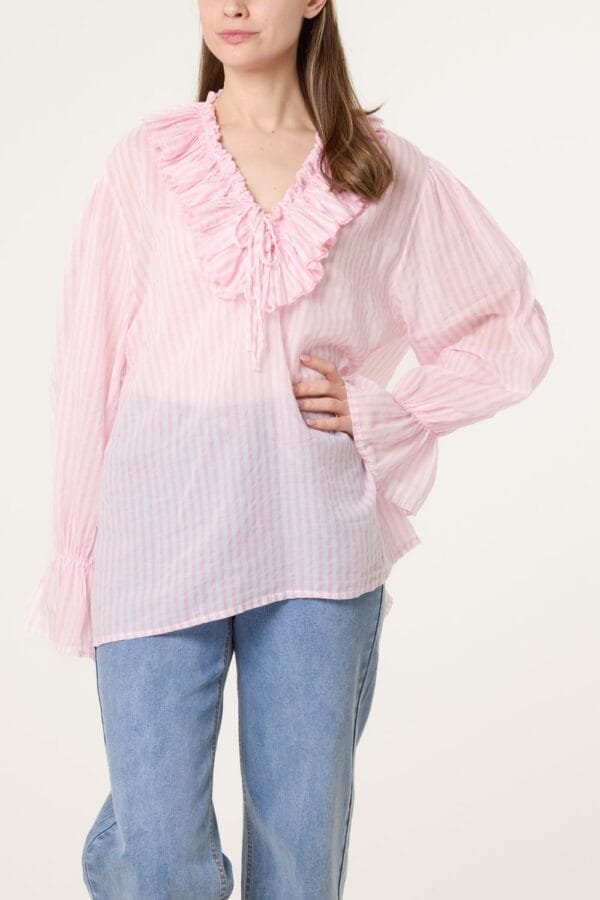 Pure Cotton Frill Striped Blouse
