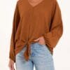 Tan V- Neck Long Sleeve Blouse With Front Tie