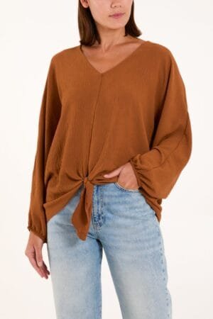 Tan V- Neck Long Sleeve Blouse With Front Tie
